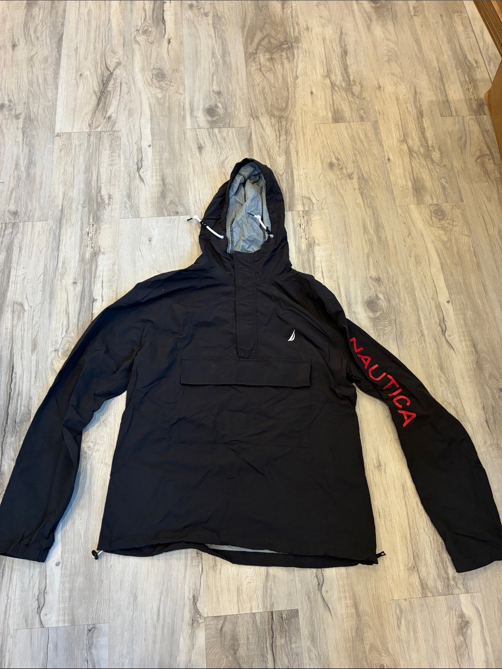 Nautica Black Hooded Windbreaker with Red Sleeve Logo